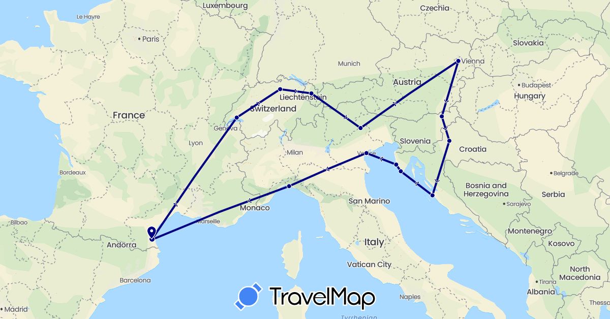TravelMap itinerary: driving in Austria, Switzerland, France, Croatia, Italy, Slovenia (Europe)
